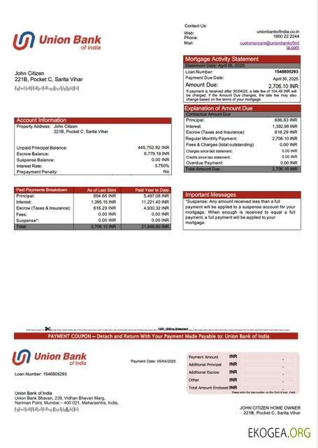 Modèle Word et PDF de relevé hypothécaire de l'Inde Union Bank of India